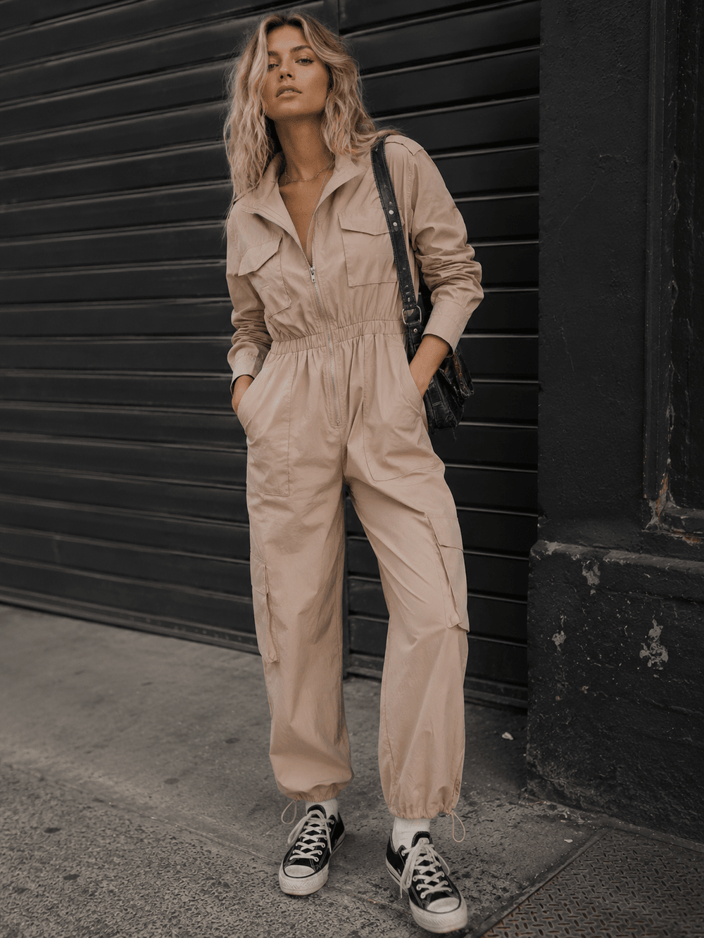 WOMEN'S LONG SLEEVE ZIP UP ELASTIC WAIST POCKETS ADJUSTABLE LEG JUMPSUIT