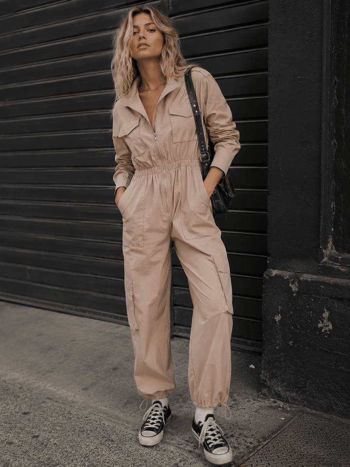 WOMEN'S LONG SLEEVE ZIP UP ELASTIC WAIST POCKETS ADJUSTABLE LEG JUMPSUIT