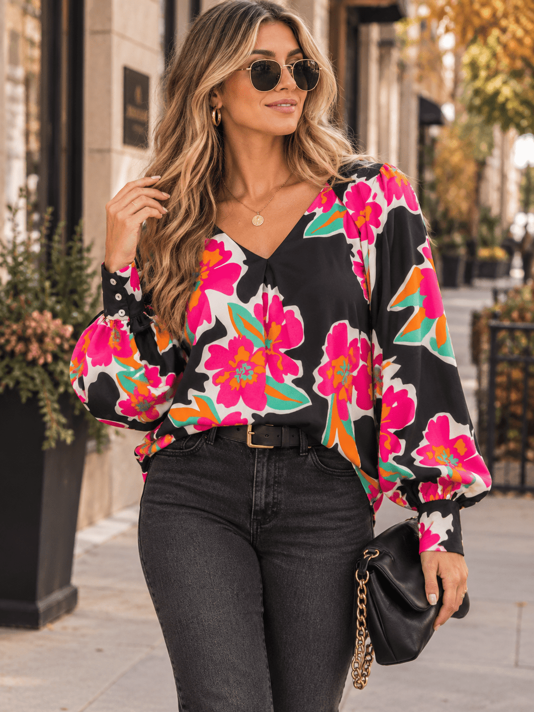 ENTRO WOMEN'S LONG SLEEVE V-NECK FLORAL PRINT BLOUSE