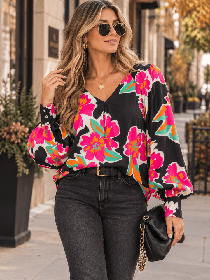 ENTRO WOMEN'S LONG SLEEVE V-NECK FLORAL PRINT BLOUSE