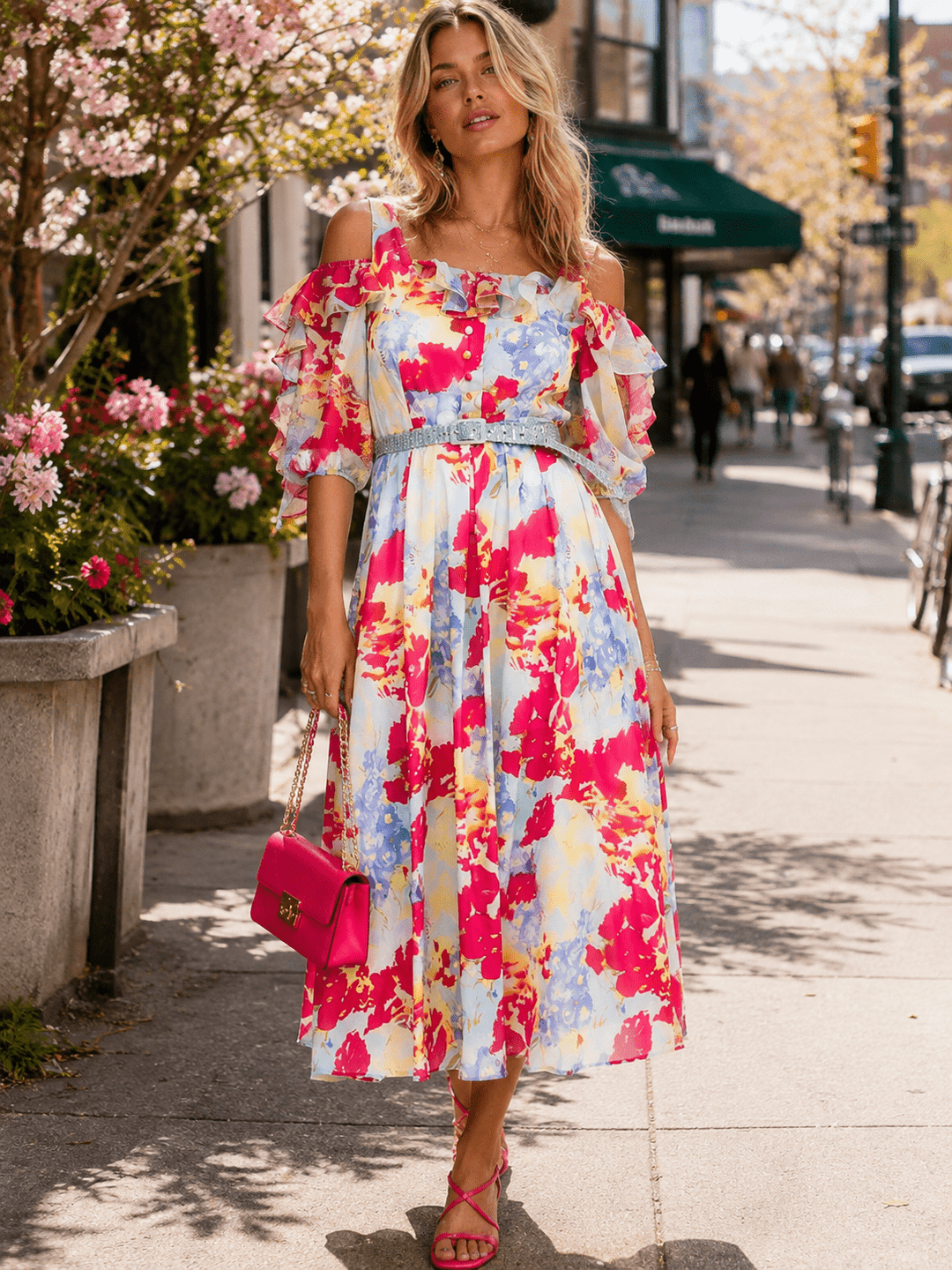 BEULAH WOMEN'S SHORT SLEEVE BELTED RUFFLE FLORAL MAXI DRESS –
