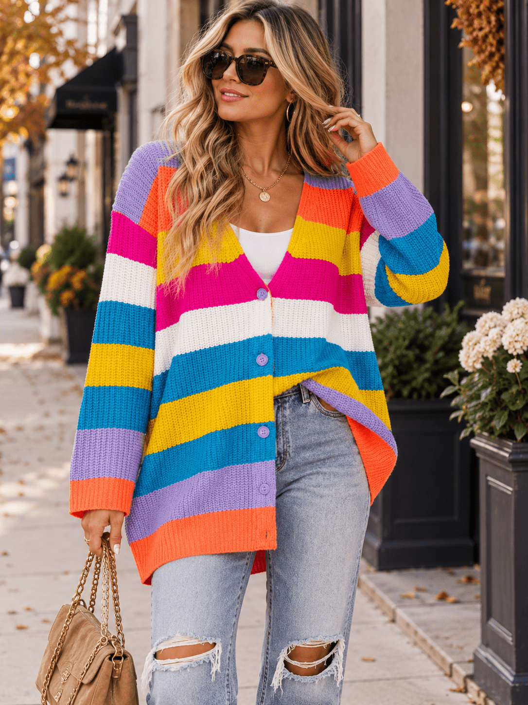 WOMEN'S LONG SLEEVE BUTTON UP STRIPES COLORBLOCK KNIT CARDIGAN