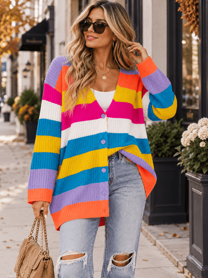 WOMEN'S LONG SLEEVE BUTTON UP STRIPES COLORBLOCK KNIT CARDIGAN