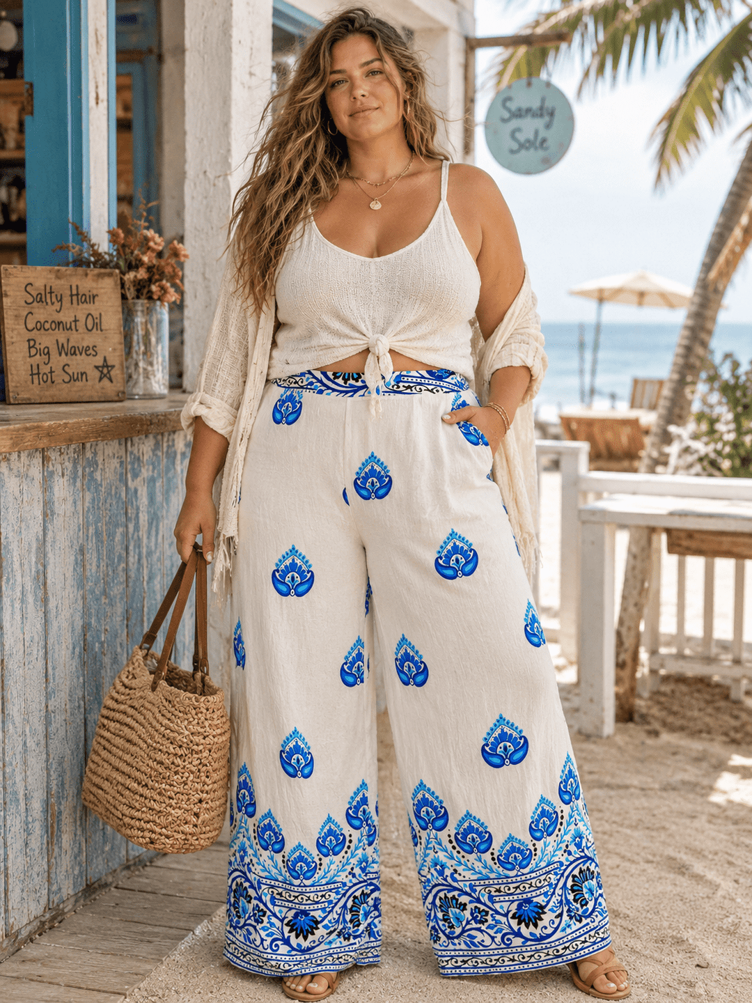 WOMEN'S ELASTIC WAIST FRONT POCKETS WIDE LEG MULTI PRINT PANTS
