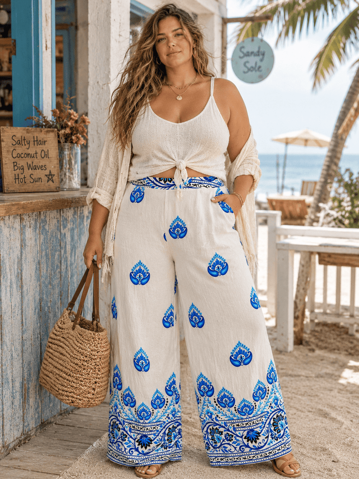 WOMEN'S ELASTIC WAIST FRONT POCKETS WIDE LEG MULTI PRINT PANTS
