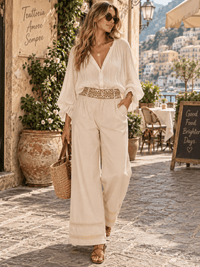 WOMEN'S BUTTON CLOSURE ELASTIC EMBROIDERY WAIST FRONT POCKETS WIDE LEG PANTS