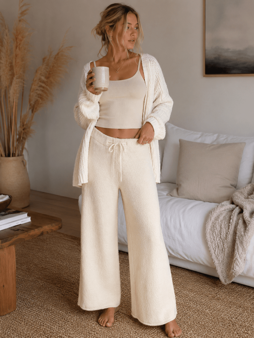 WOMEN'S ELASTIC WAIST SELF TIE WIDE LEG PANTS