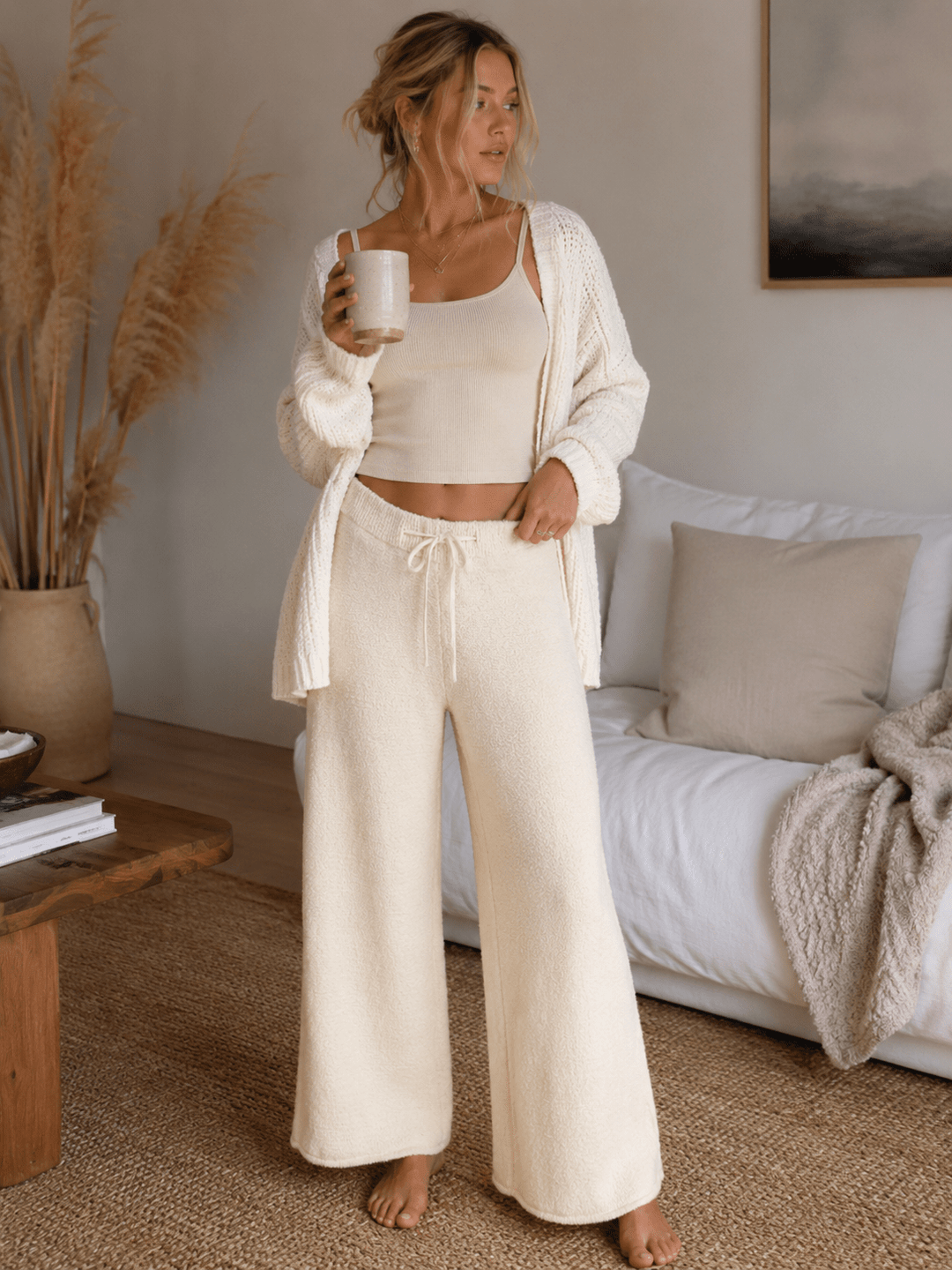 WOMEN'S ELASTIC WAIST SELF TIE WIDE LEG PANTS