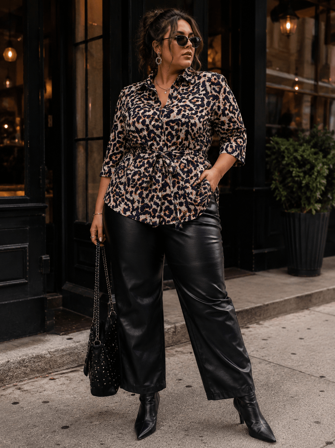 PLUS SIZE 3/4 SLEEVE BUTTON UP SELF TIE ANIMAL PRINT EYELET BLOUSE