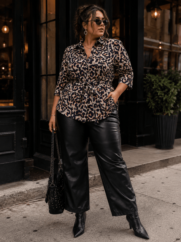 PLUS SIZE 3/4 SLEEVE BUTTON UP SELF TIE ANIMAL PRINT EYELET BLOUSE