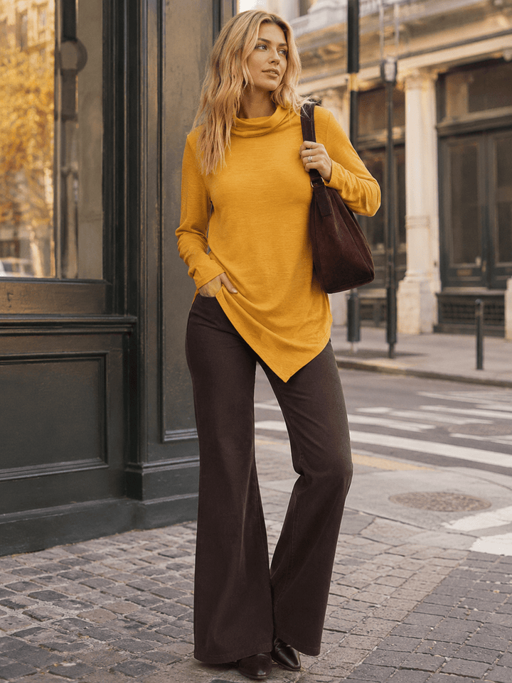 WOMEN'S LONG SLEEVE TURTLE NECK HIGH-LOW TOP