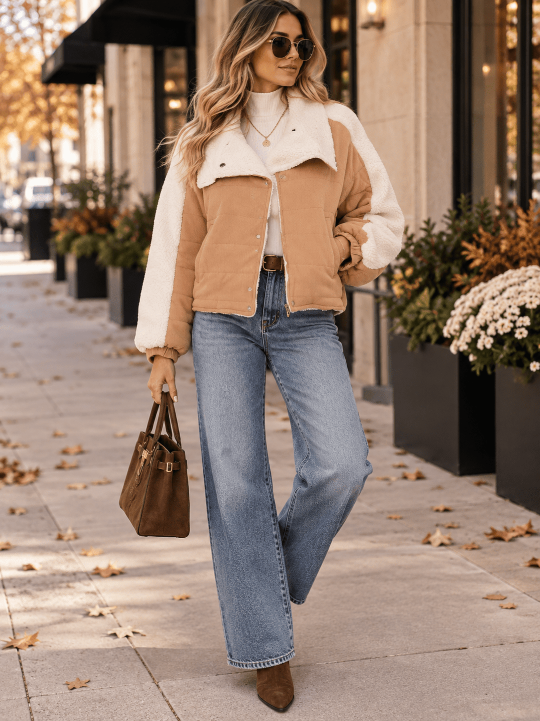 WOMEN'S LONG SLEEVE ZIPPER CLOSURE FRONT POCKET SHERPA CONTRAST JACKET