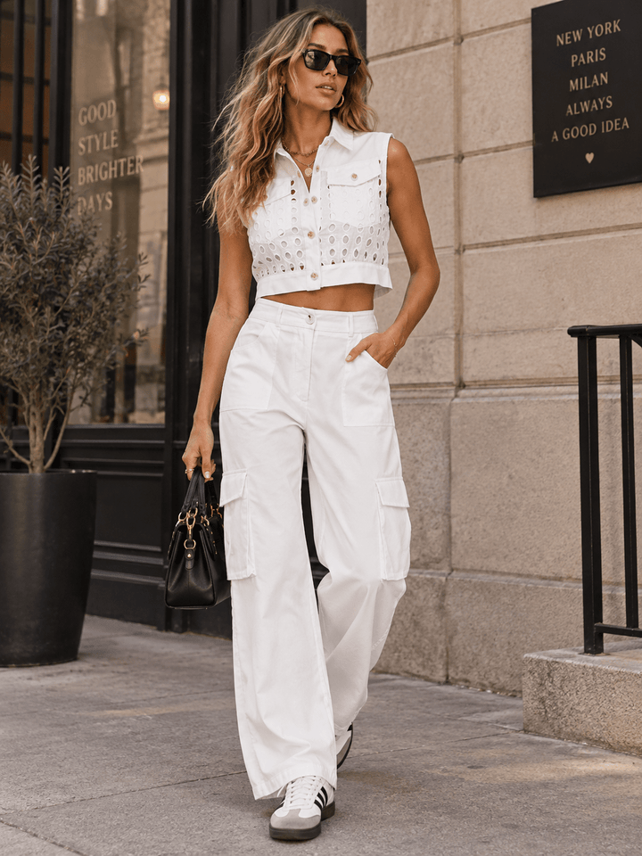 WOMEN'S SLEEVELESS BLOUSE & ELASTIC WAIST PANTS EYELET DETAILED 2PC. SET