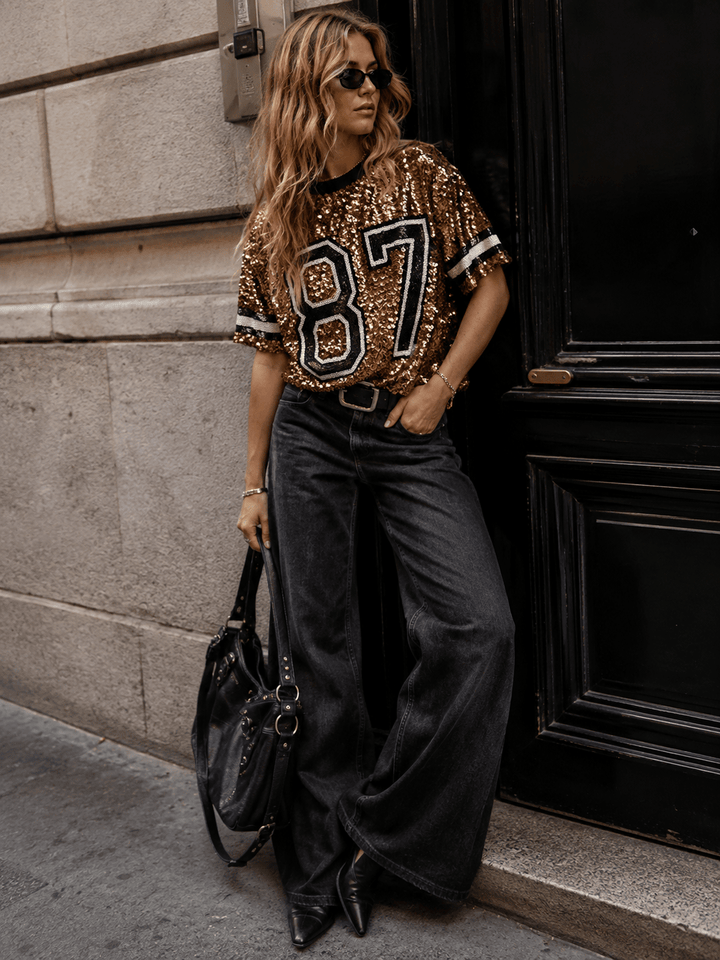 WOMEN'S SHORT SLEEVE SEQUINS TOP