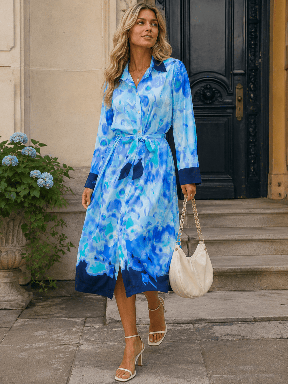 BEULAH WOMEN'S LONG SLEEVE V-NECK BUTTON UP SELF TIE MULTI PRINT MAXI DRESS
