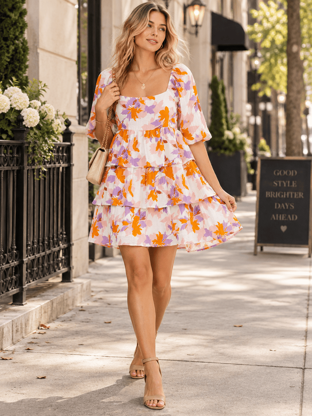 WOMEN'S SHORT PUFF SLEEVE SQUARE NECK SMOCK RUFFLE TIERED FLORAL MINI DRESS