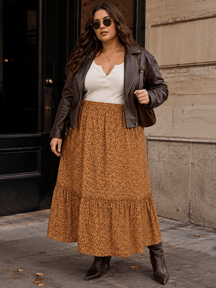 PLUS SIZE ELASTIC WAIST ANIMAL PRINT TIERED MAXI SKIRT
