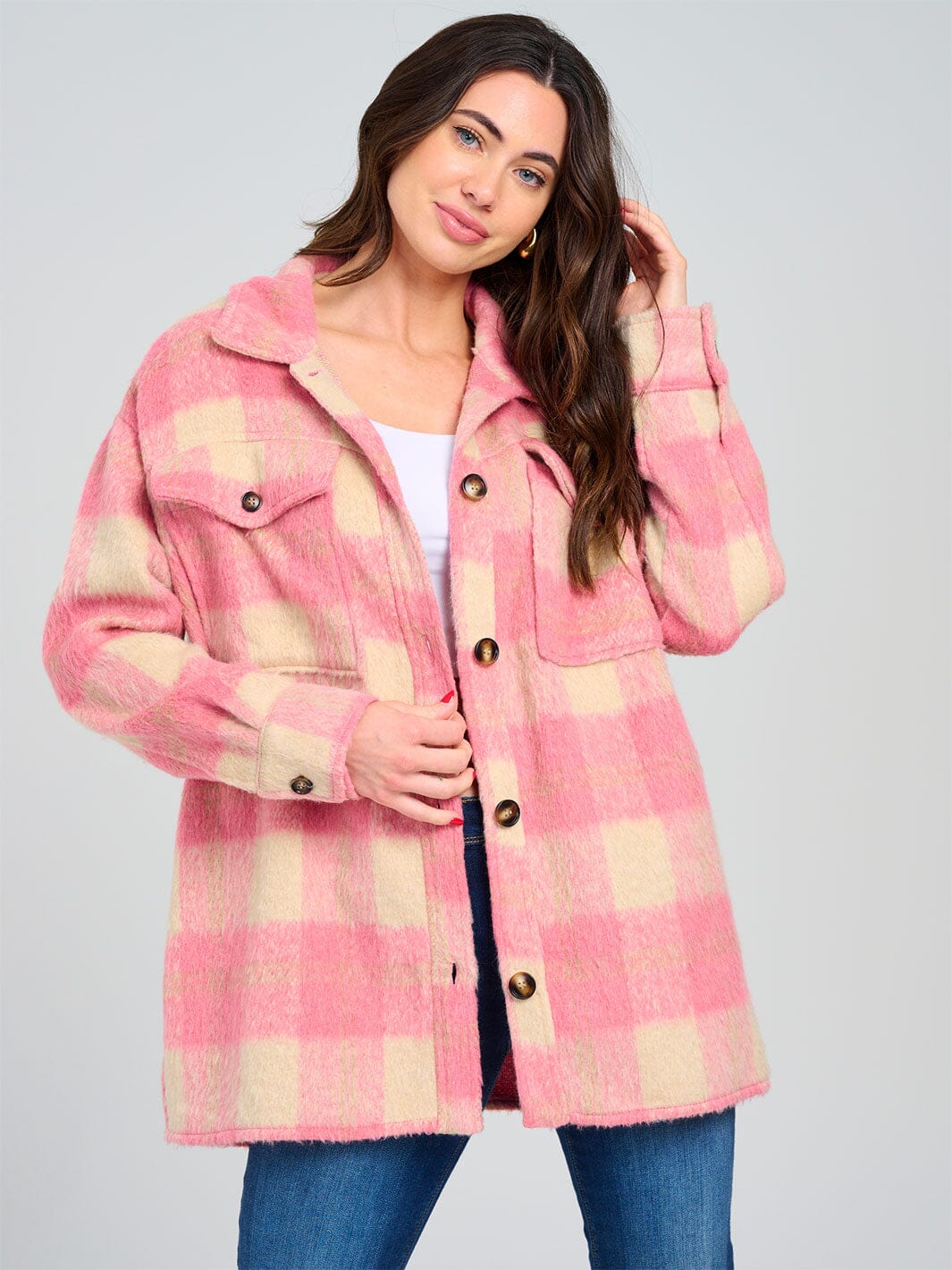 WOMEN'S LONG SLEEVE BUTTON UP FRONT POCKETS PLAID JACKET