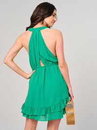 WOMEN'S SLEEVELESS V-NECK RUFFLE TRIM DETAILED MINI DRESS