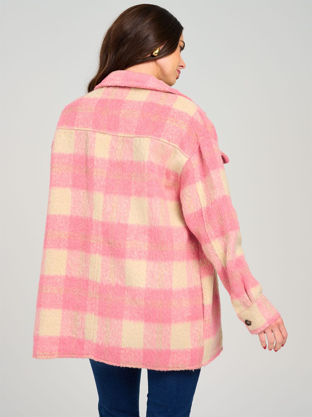 WOMEN'S LONG SLEEVE BUTTON UP FRONT POCKETS PLAID JACKET
