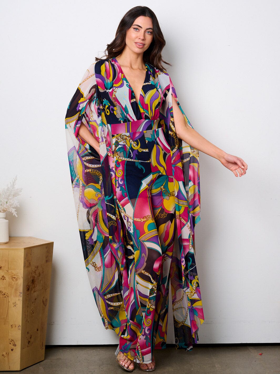 WOMEN'S LONG BELL SLEEVE V-NECK WIDE LEG MULTI PRINT JUMPSUIT