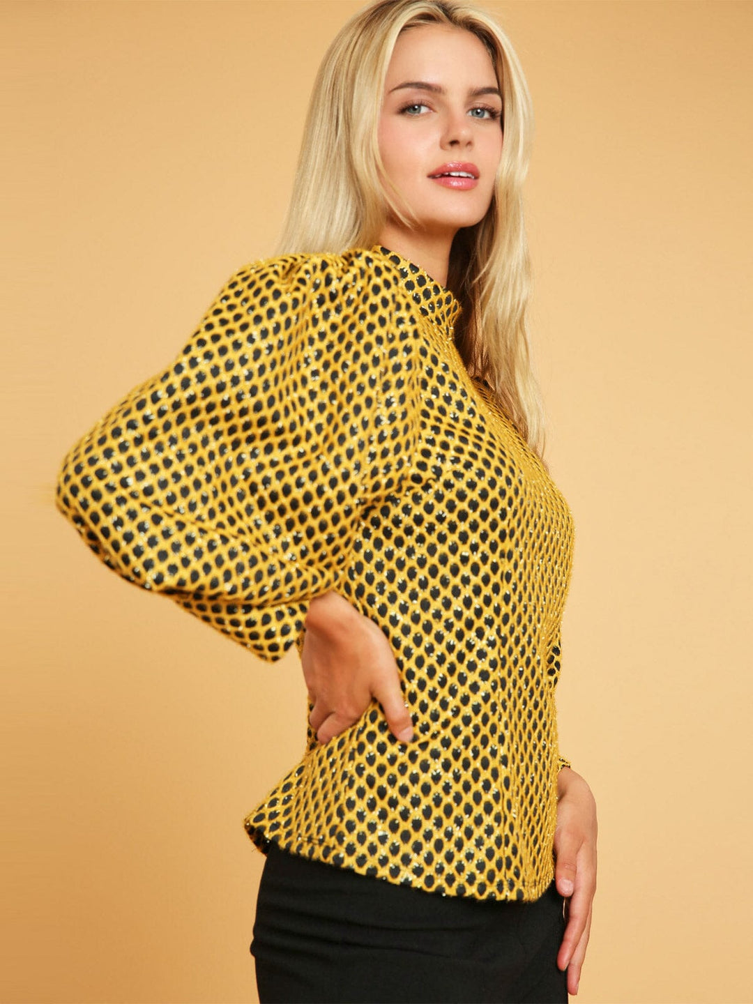 WOMEN'S 3/4 PUFF SLEEVE MOCK NECK SHIMMER COLORBLOCK BLOUSE