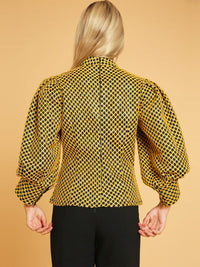 WOMEN'S 3/4 PUFF SLEEVE MOCK NECK SHIMMER COLORBLOCK BLOUSE