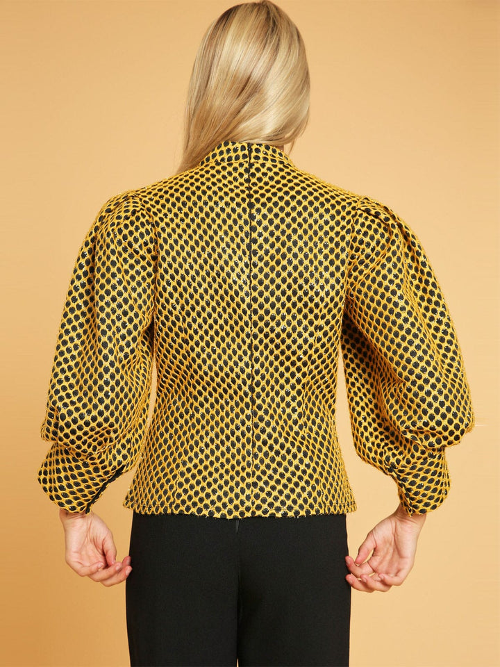 WOMEN'S 3/4 PUFF SLEEVE MOCK NECK SHIMMER COLORBLOCK BLOUSE