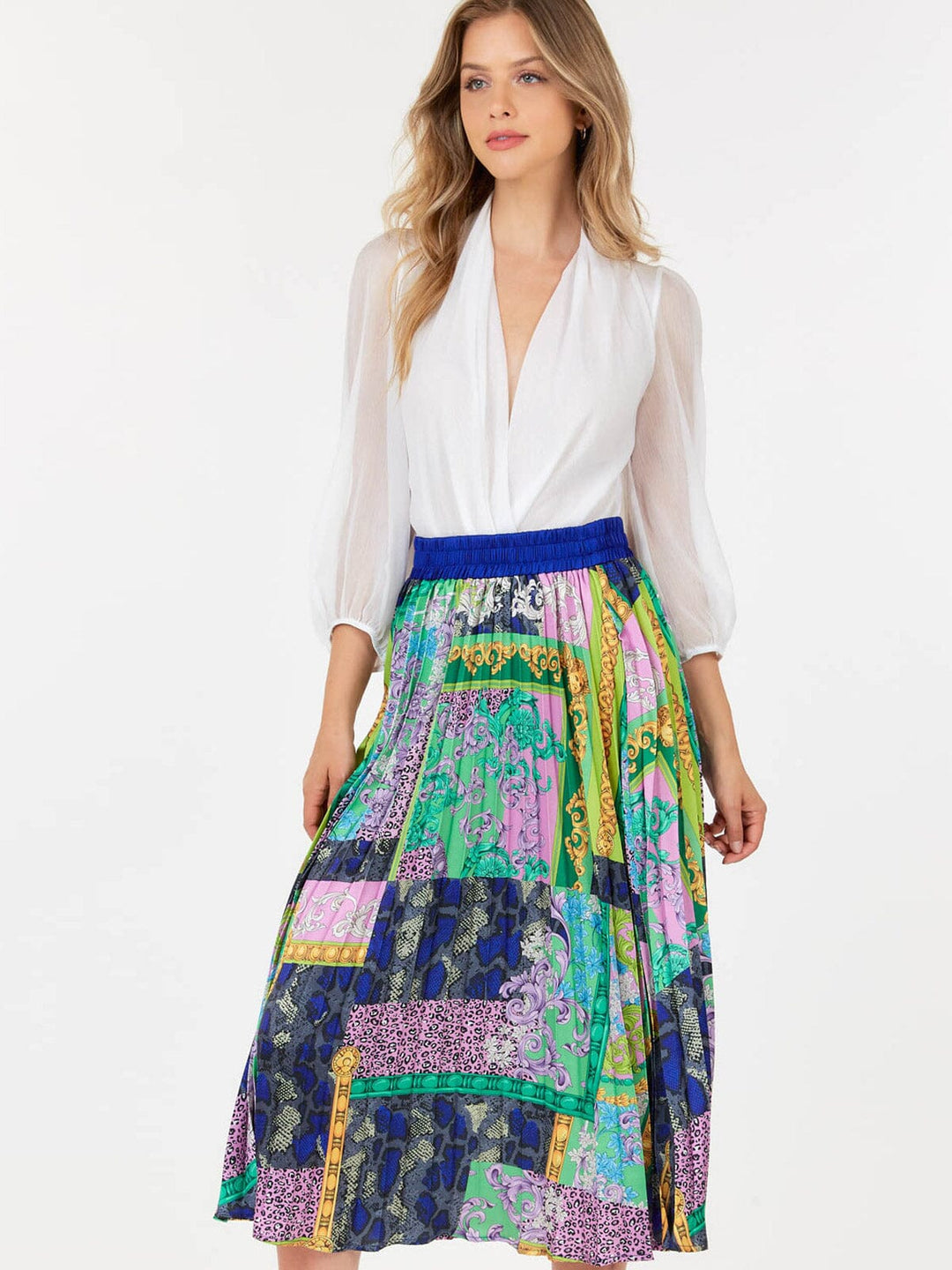 WOMEN'S ELASTIC WAIST MULTI PRINT PLEATED MIDI SKIRT