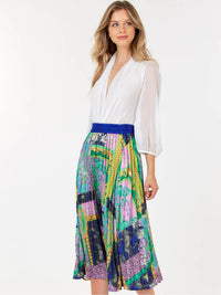 WOMEN'S ELASTIC WAIST MULTI PRINT PLEATED MIDI SKIRT