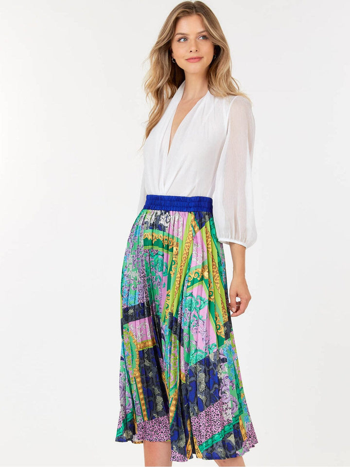 WOMEN'S ELASTIC WAIST MULTI PRINT PLEATED MIDI SKIRT