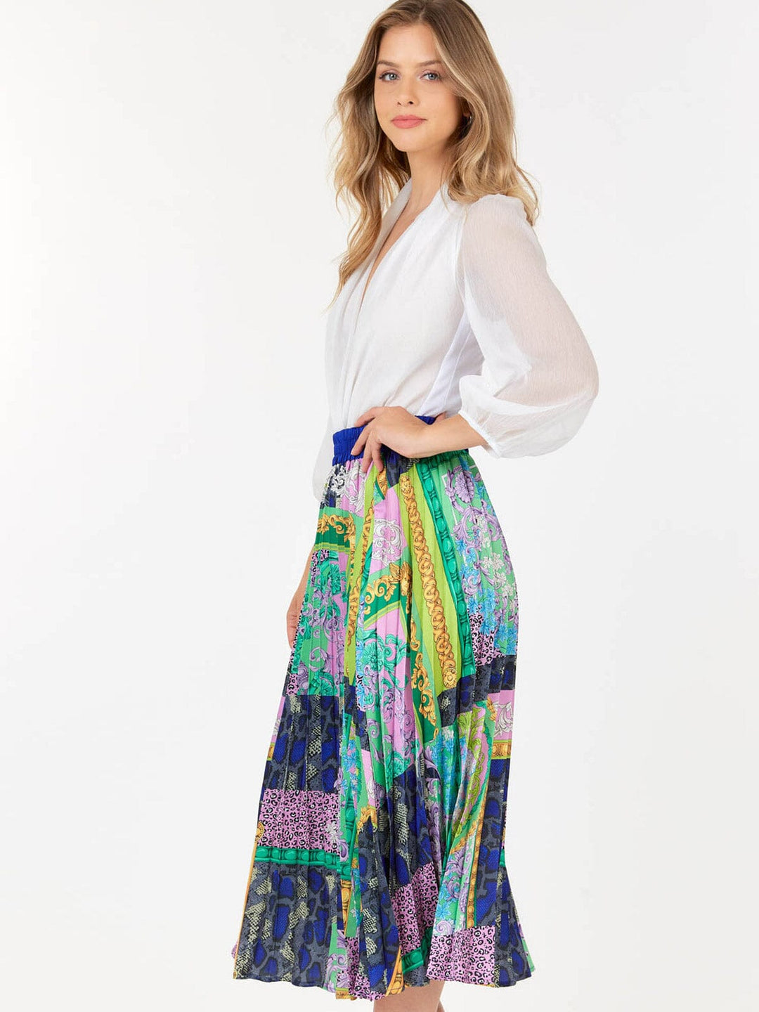 WOMEN'S ELASTIC WAIST MULTI PRINT PLEATED MIDI SKIRT