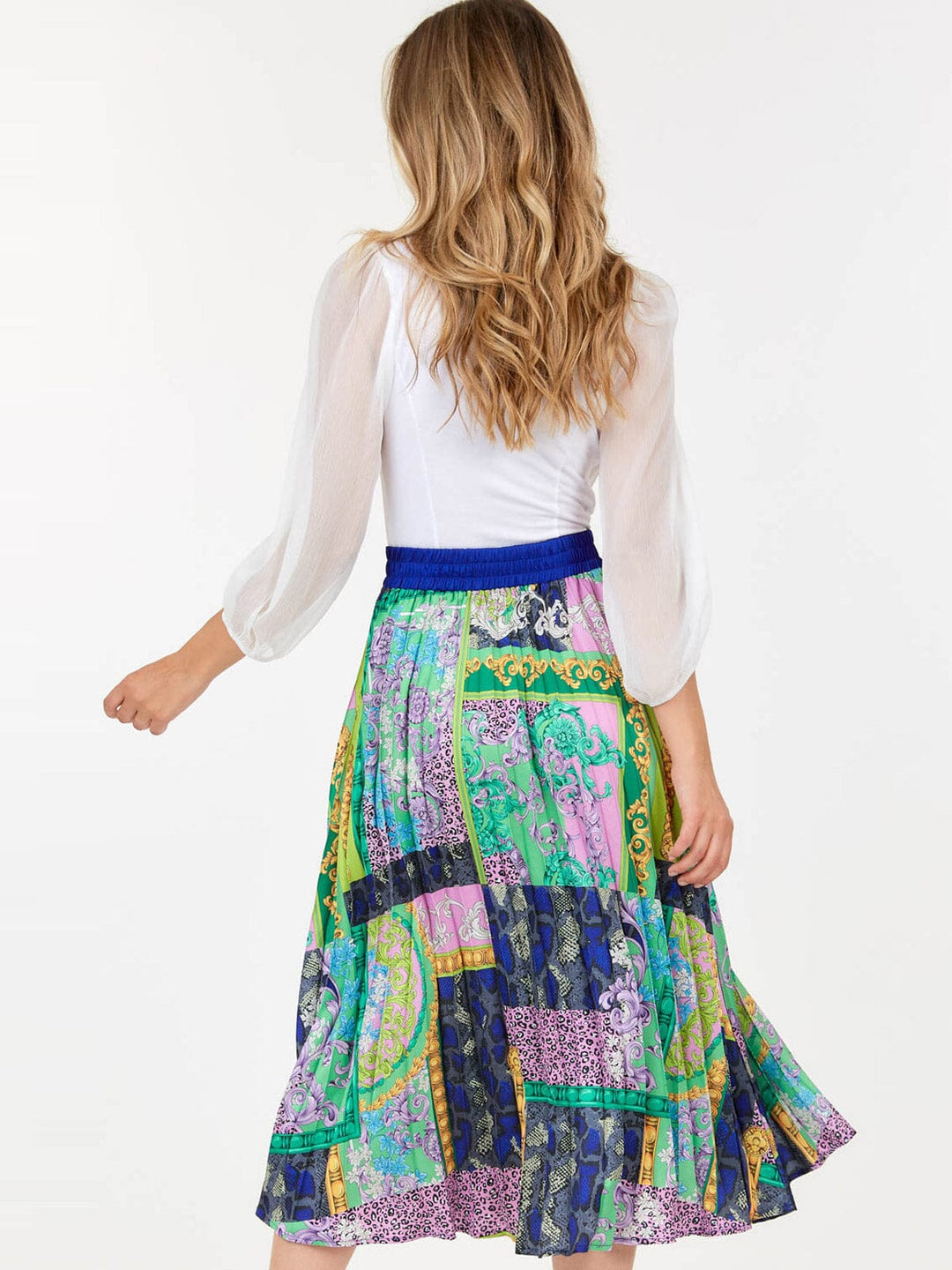WOMEN'S ELASTIC WAIST MULTI PRINT PLEATED MIDI SKIRT
