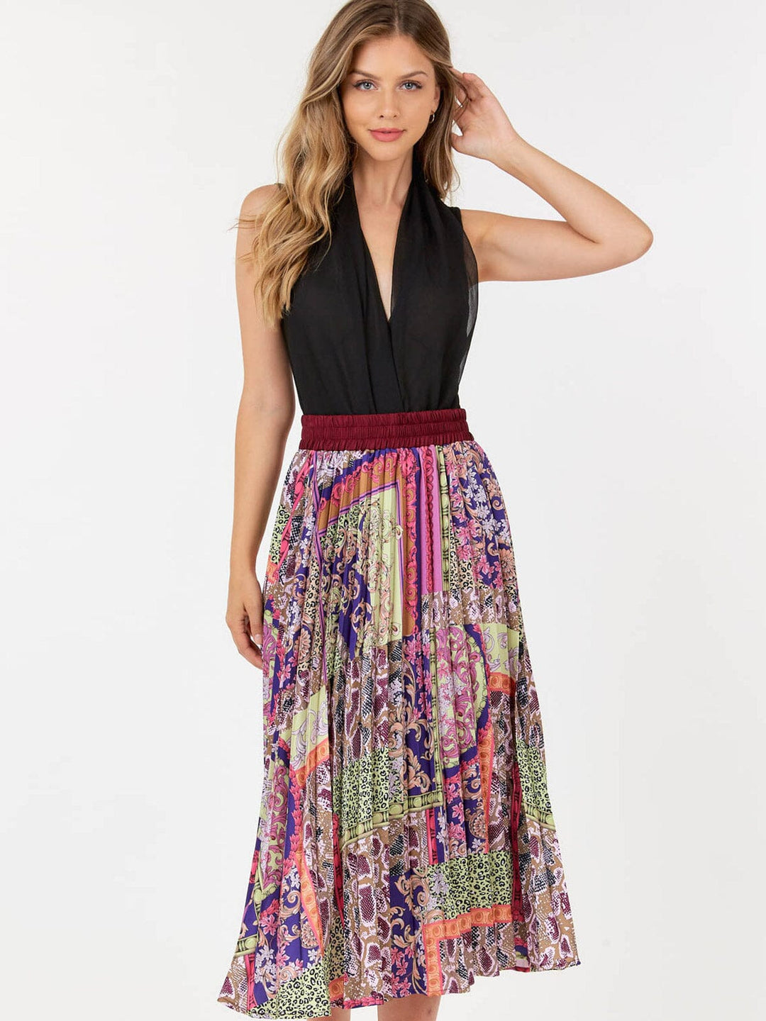 WOMEN'S ELASTIC WAIST MULTI PRINT PLEATED MIDI SKIRT