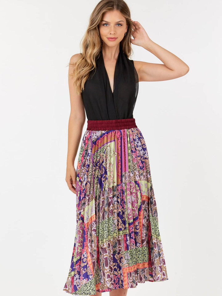 WOMEN'S ELASTIC WAIST MULTI PRINT PLEATED MIDI SKIRT