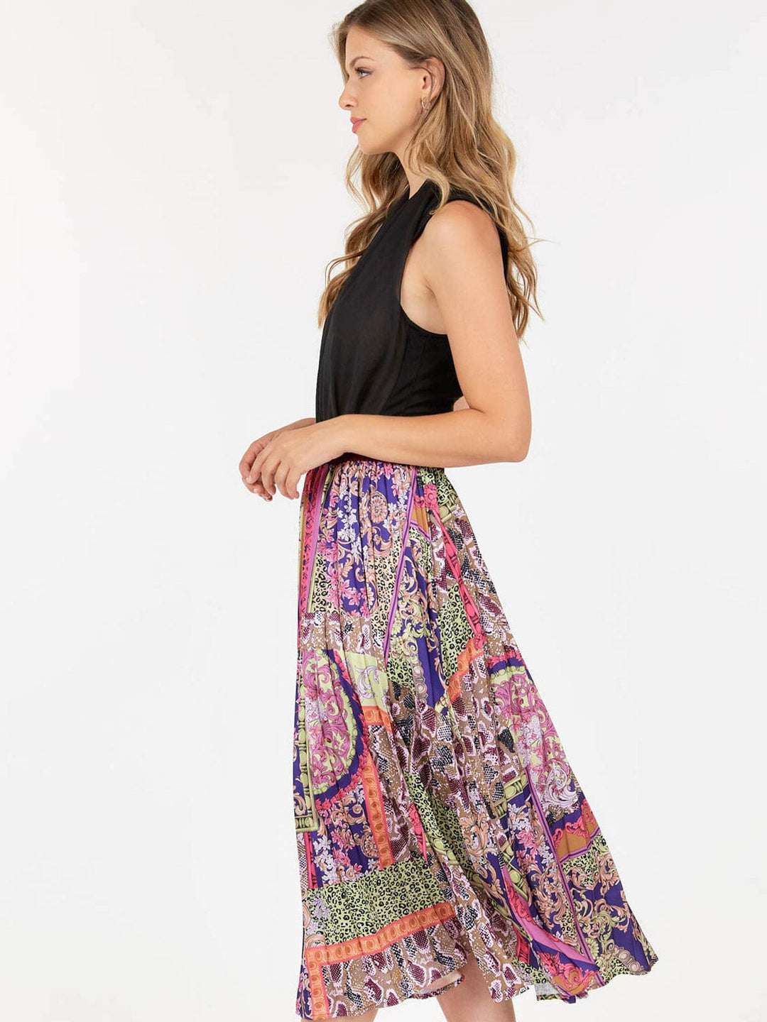 WOMEN'S ELASTIC WAIST MULTI PRINT PLEATED MIDI SKIRT
