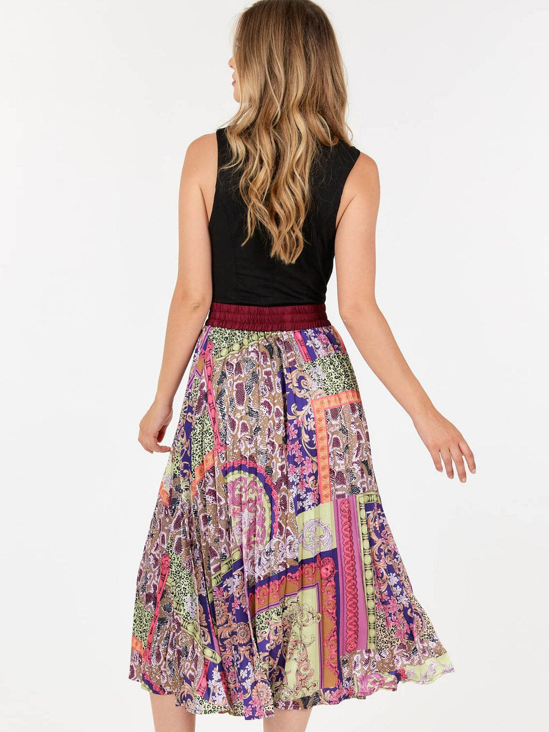 WOMEN'S ELASTIC WAIST MULTI PRINT PLEATED MIDI SKIRT