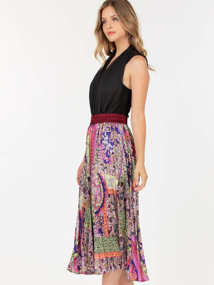WOMEN'S ELASTIC WAIST MULTI PRINT PLEATED MIDI SKIRT