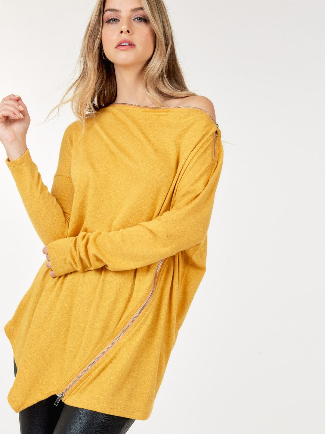 WOMEN'S LONG SLEEVE ZIPPER DETAILED TUNIC TOP