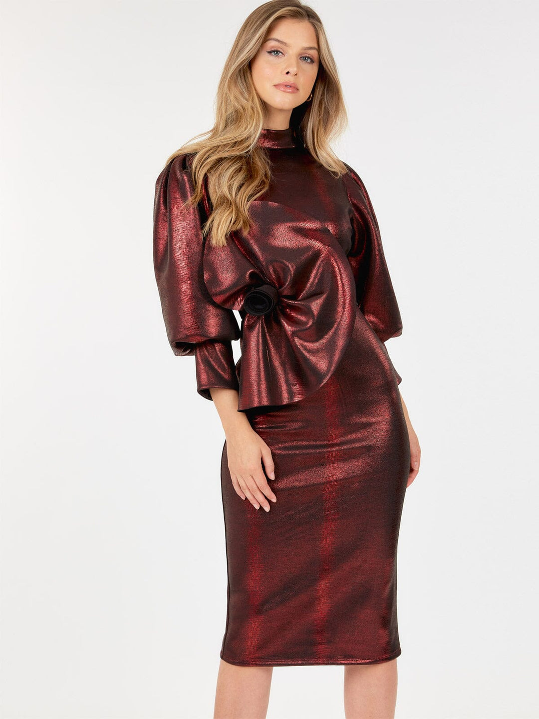 WOMEN'S SHORT PUFF SLEEVE SHIMMER FRONT DETAILED MIDI DRESS
