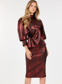 WOMEN'S SHORT PUFF SLEEVE SHIMMER FRONT DETAILED MIDI DRESS