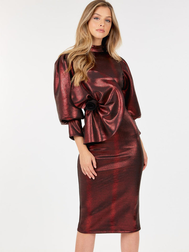 WOMEN'S SHORT PUFF SLEEVE SHIMMER FRONT DETAILED MIDI DRESS