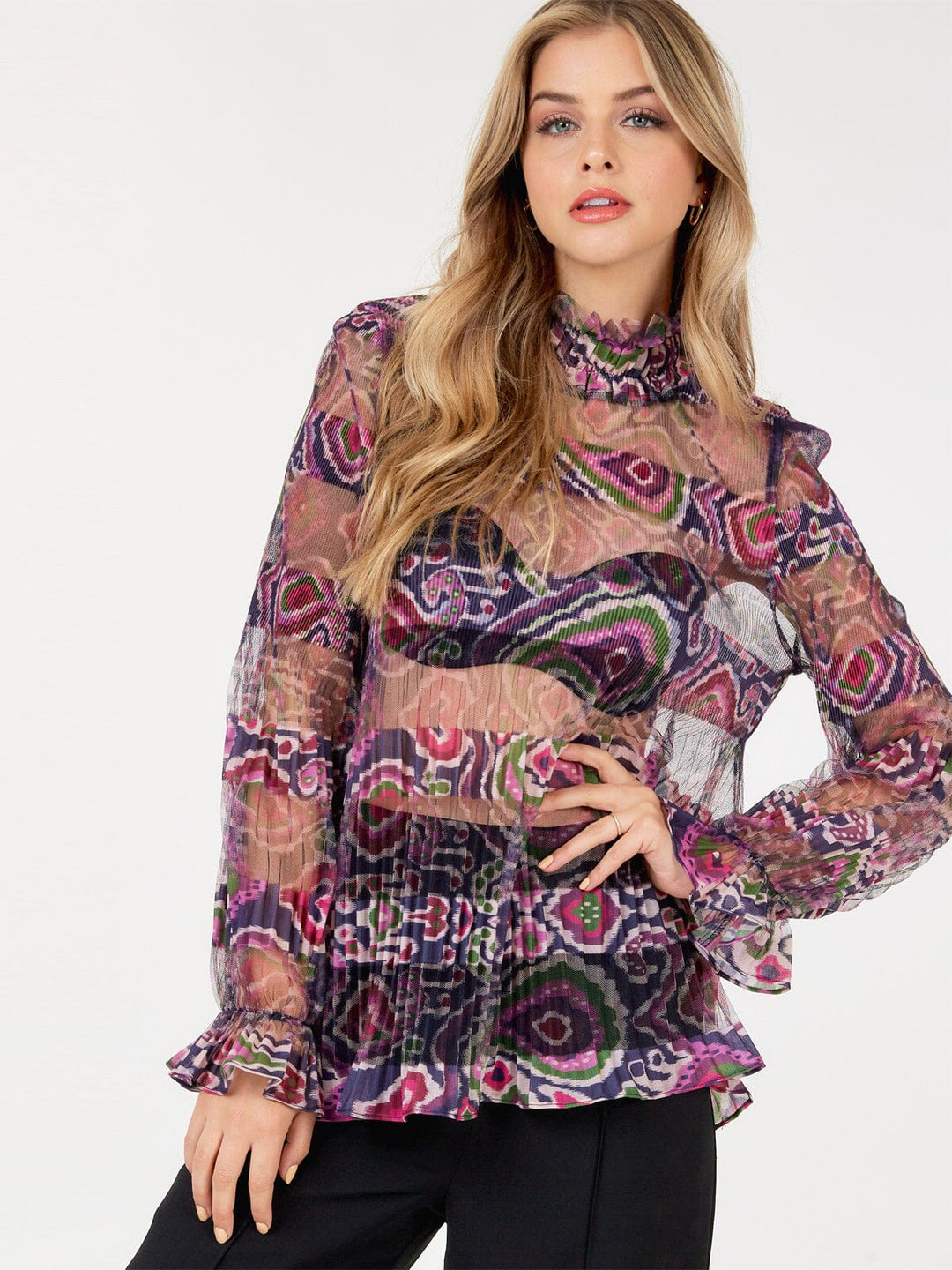 WOMEN'S LONG SLEEVE MOCK NECK TIERED MULTI PRINT MESH TOP