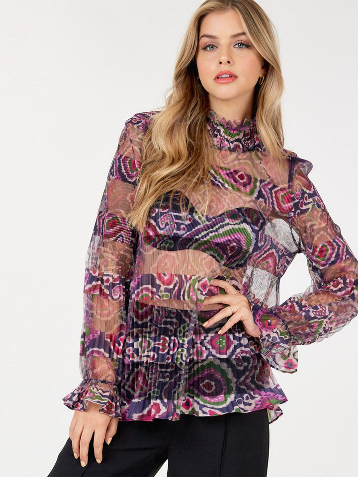 WOMEN'S LONG SLEEVE MOCK NECK TIERED MULTI PRINT MESH TOP