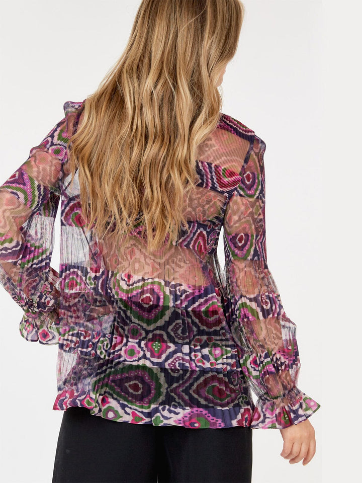 WOMEN'S LONG SLEEVE MOCK NECK TIERED MULTI PRINT MESH TOP