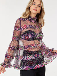 WOMEN'S LONG SLEEVE MOCK NECK TIERED MULTI PRINT MESH TOP