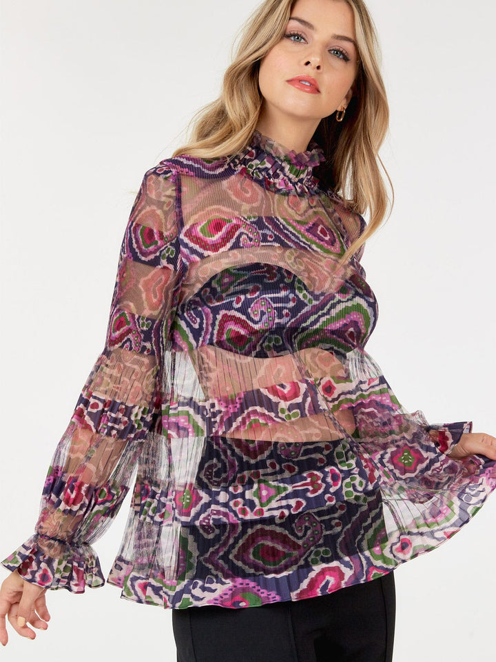 WOMEN'S LONG SLEEVE MOCK NECK TIERED MULTI PRINT MESH TOP