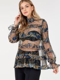 WOMEN'S LONG SLEEVE MOCK NECK TIERED MULTI PRINT MESH TOP