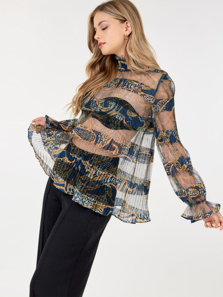 WOMEN'S LONG SLEEVE MOCK NECK TIERED MULTI PRINT MESH TOP