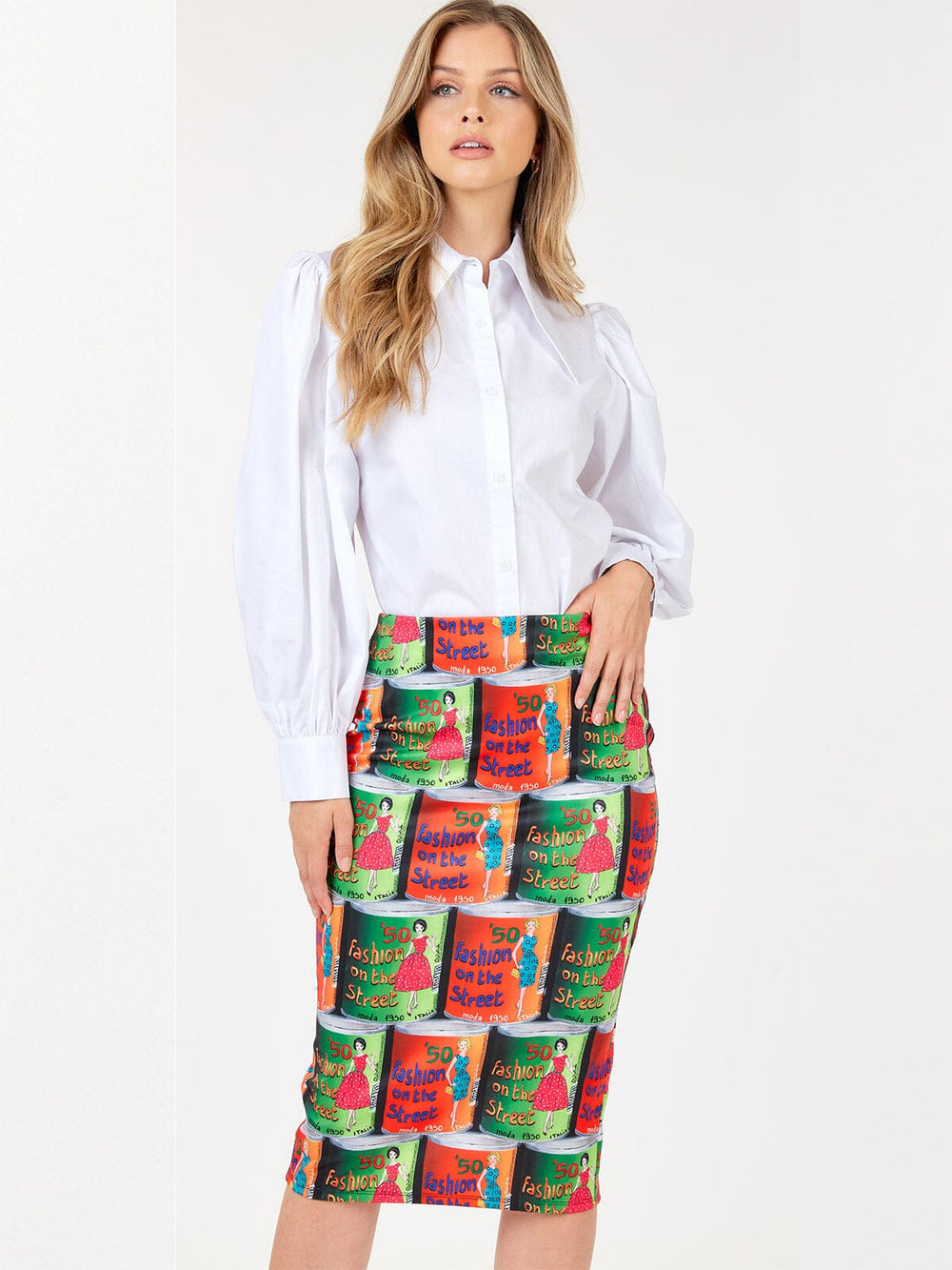 WOMEN'S ZIPPER CLOSURE MULTI PRINT PENCIL MIDI SKIRT